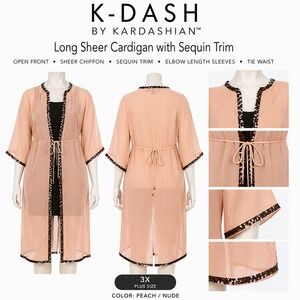 K-DASH Kardashian Peach Sheer Chiffon Sequin Trim Long Cardigan Duster 3X‎ New